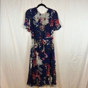 Harper Rose Blue Floral Midi Dress, Short Sleeve, Sheer Sleeves, Belt, Size 10